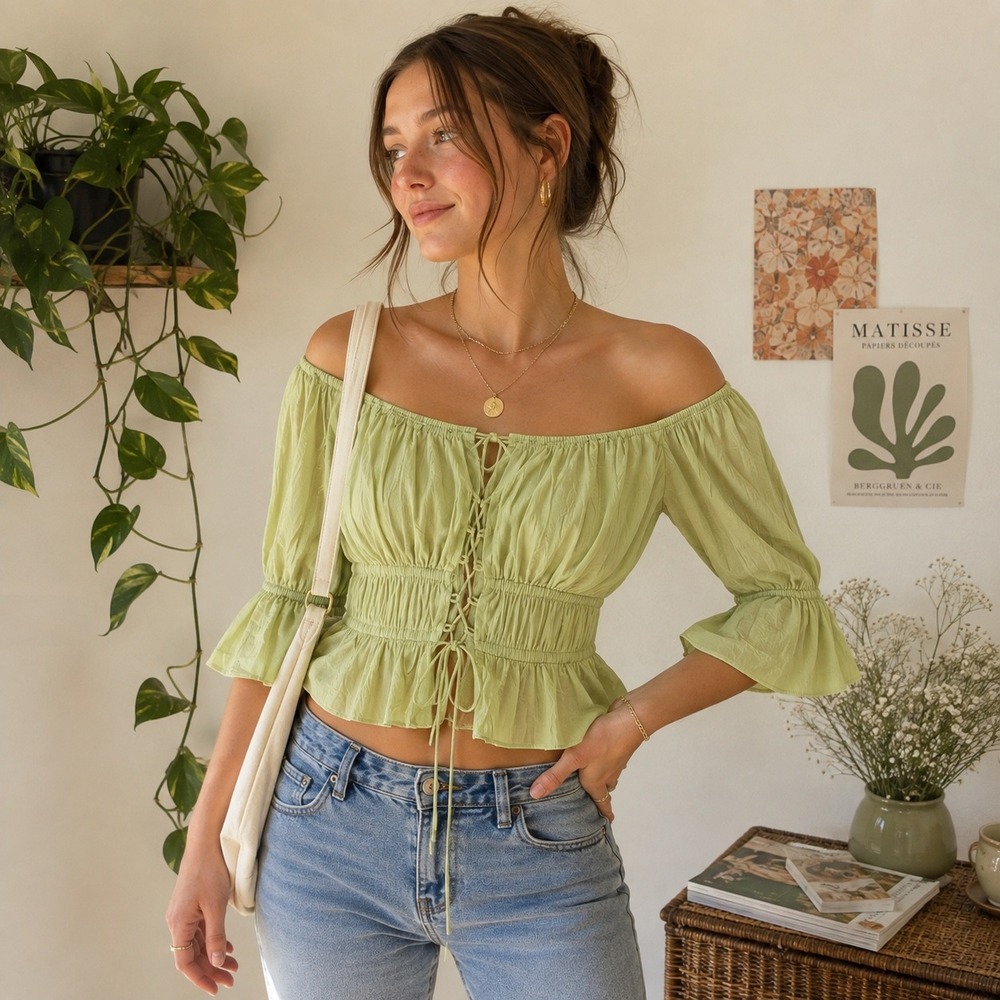 NWT Women's Peasant Top Small Renaissance Boho Flare Sleeves Green